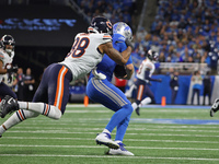 Detroit Lions quarterback Jared Goff (16) is tackled by Chicago Bears defensive end Montez Sweat (98) during the second half of an NFL footb...