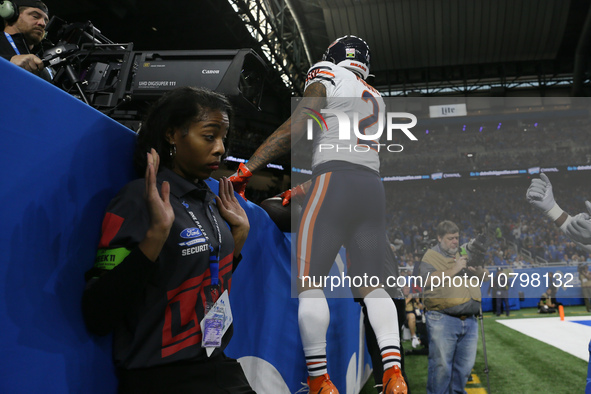 Chicago Bears wide receiver DJ Moore (2) celebrates his touchdown during the second half of an NFL football game between the Chicago Bears a...