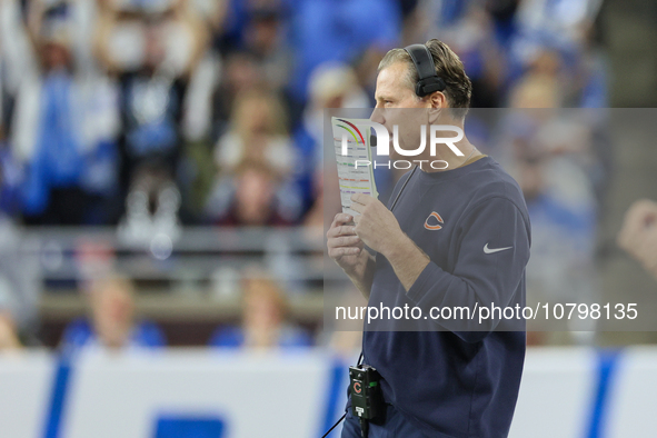 Chicago Bears head coach Matt Eberflus communicates from the sidelines during  an NFL  football game between the Detroit Lions and the Chica...