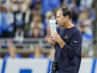 Chicago Bears head coach Matt Eberflus communicates from the sidelines during  an NFL  football game between the Detroit Lions and the Chica...