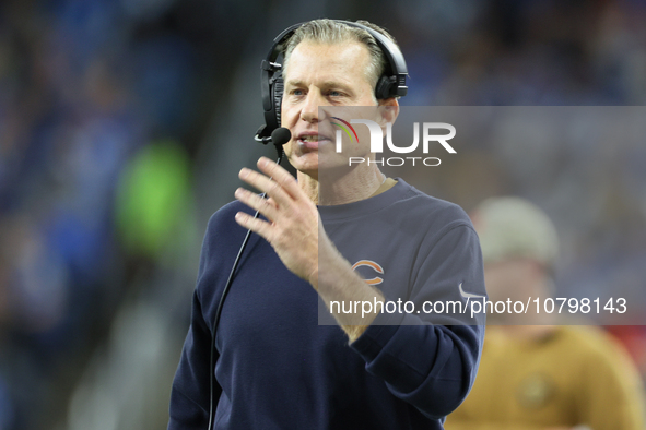 Chicago Bears head coach Matt Eberflus communicates from the sideslines during  an NFL  football game between the Detroit Lions and the Chic...