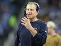 Chicago Bears head coach Matt Eberflus communicates from the sideslines during  an NFL  football game between the Detroit Lions and the Chic...