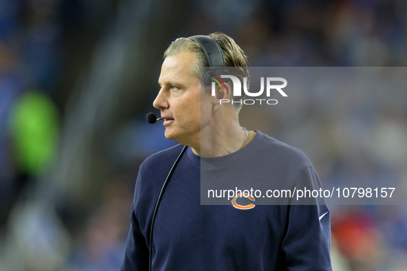 Chicago Bears head coach Matt Eberflus looks on from the sidelines during  an NFL  football game between the Detroit Lions and the Chicago B...