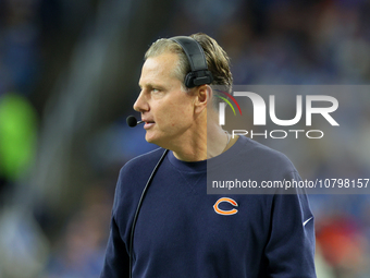 Chicago Bears head coach Matt Eberflus looks on from the sidelines during  an NFL  football game between the Detroit Lions and the Chicago B...