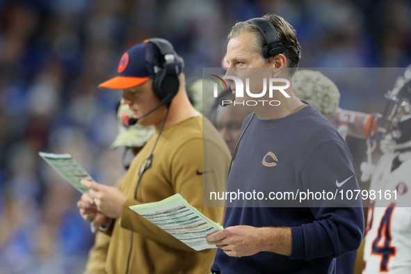 Chicago Bears head coach Matt Eberflus looks on from the sidelines during  an NFL  football game between the Detroit Lions and the Chicago B...