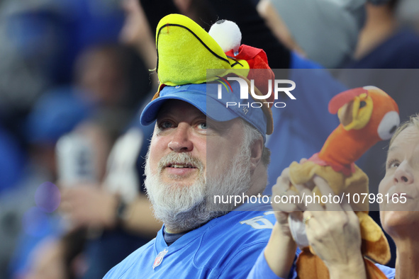 A fan with Lions gear and a turkey hat follows the game during  an NFL  football game between the Detroit Lions and the Chicago Bears in Det...