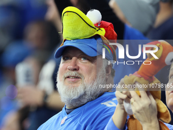 A fan with Lions gear and a turkey hat follows the game during  an NFL  football game between the Detroit Lions and the Chicago Bears in Det...