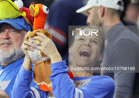 A fan holds up a stuffed toy turkey during  an NFL  football game between the Detroit Lions and the Chicago Bears in Detroit, Michigan USA,...