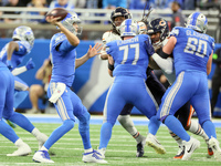 Detroit Lions quarterback Jared Goff (16) throws the ball during  an NFL  football game between the Detroit Lions and the Chicago Bears in D...