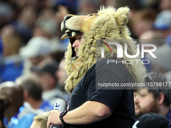 A fan wearing a Lion head watches the game during  an NFL  football game between the Detroit Lions and the Chicago Bears in Detroit, Michiga...