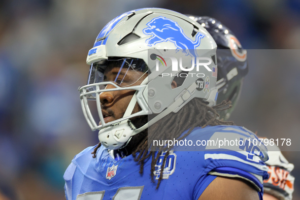 Detroit Lions defensive tackle Alim McNeill (54) walks off the field at halftime during  an NFL  football game between the Detroit Lions and...