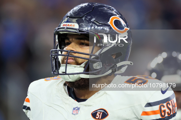 Chicago Bears offensive tackle Darnell Wright (58) walks off the field at halftime during  an NFL  football game between the Detroit Lions a...