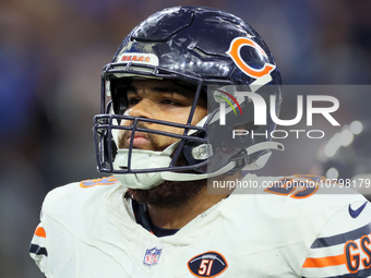 Chicago Bears offensive tackle Darnell Wright (58) walks off the field at halftime during  an NFL  football game between the Detroit Lions a...