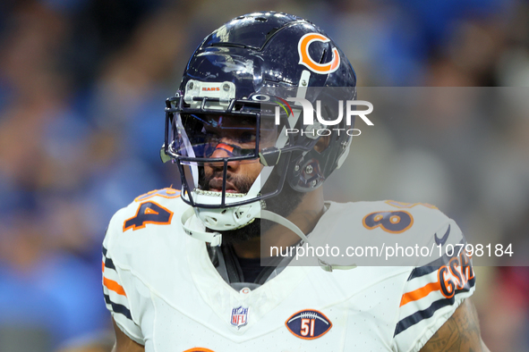 Chicago Bears tight end Marcedes Lewis (84) walks off the field at halftime during  an NFL  football game between the Detroit Lions and the...