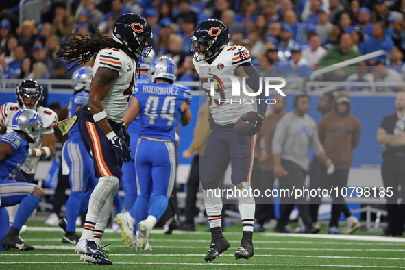 Chicago Bears linebacker T.J. Edwards (53) celebrates with linebacker Tremaine Edmunds (49) after an interception during the first half of a...