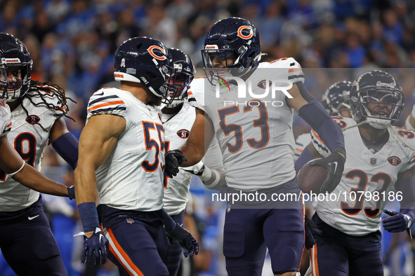 Chicago Bears linebacker T.J. Edwards (53) celebrates after an interception during the first half of an NFL football game between the Chicag...