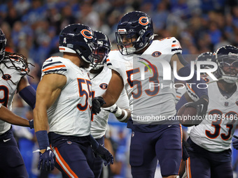 Chicago Bears linebacker T.J. Edwards (53) celebrates after an interception during the first half of an NFL football game between the Chicag...