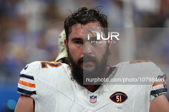 Chicago Bears guard Lucas Patrick (62) is seen during the first half of an NFL football game between the Chicago Bears and the Detroit Lions...