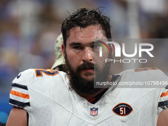 Chicago Bears guard Lucas Patrick (62) is seen during the first half of an NFL football game between the Chicago Bears and the Detroit Lions...