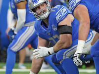 Detroit Lions center Frank Ragnow (77) is seen before the snap during the first half of an NFL football game between the Chicago Bears and t...