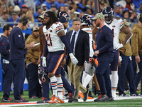 Chicago Bears running back D'Onta Foreman (21) is taken off the field after an ankle injury during the second half of an NFL football game b...