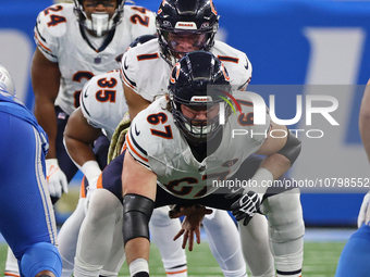 Chicago Bears guard Dan Feeney (67) prepares to snap the ball during the second half of an NFL football game between the Chicago Bears and t...