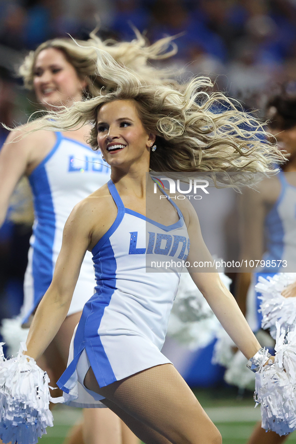 Detroit Lions cheerleaders perform during the second half of an NFL football game between the Chicago Bears and the Detroit Lions in Detroit...