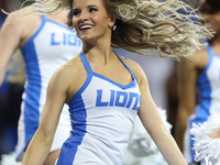 Detroit Lions cheerleaders perform during the second half of an NFL football game between the Chicago Bears and the Detroit Lions in Detroit...