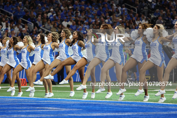 Detroit Lions cheerleaders perform during the second half of an NFL football game between the Chicago Bears and the Detroit Lions in Detroit...