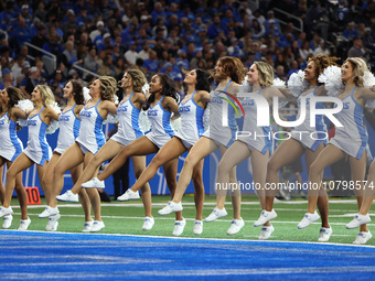 Detroit Lions cheerleaders perform during the second half of an NFL football game between the Chicago Bears and the Detroit Lions in Detroit...