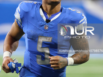 Detroit Lions running back David Montgomery (5) walks off the field after the conclusion of an NFL football game between the Chicago Bears a...