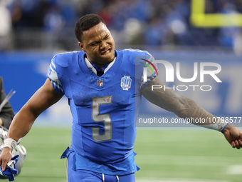 Detroit Lions running back David Montgomery (5) walks off the field after the conclusion of an NFL football game between the Chicago Bears a...