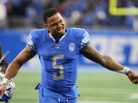 Detroit Lions running back David Montgomery (5) walks off the field after the conclusion of an NFL football game between the Chicago Bears a...