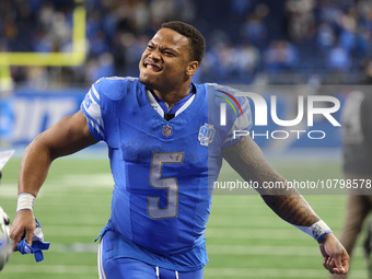 Detroit Lions running back David Montgomery (5) walks off the field after the conclusion of an NFL football game between the Chicago Bears a...