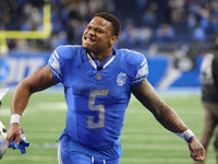 Detroit Lions running back David Montgomery (5) walks off the field after the conclusion of an NFL football game between the Chicago Bears a...