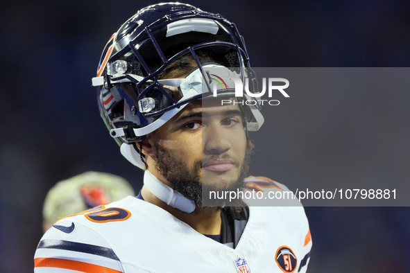 Chicago Bears running back Travis Homer (20) looks down the field ahead of an NFL  football game between the Detroit Lions and the Chicago B...