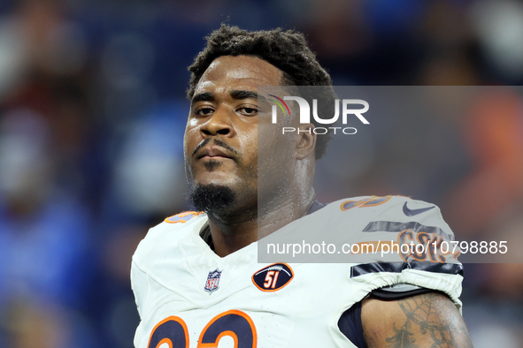 Chicago Bears defensive tackle Justin Jones (93) walks off the field at halftime during  an NFL  football game between the Detroit Lions and...