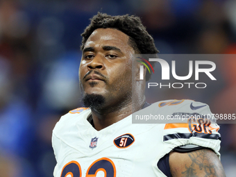 Chicago Bears defensive tackle Justin Jones (93) walks off the field at halftime during  an NFL  football game between the Detroit Lions and...