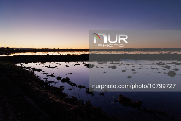 The sun rises over flooded California rice fields, during a storm break brought on by an atmospheric river near Marysville, Calif., on Sunda...