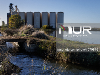 The sun rises over flooded California rice fields, during a storm break brought on by an atmospheric river near Marysville, Calif., on Sunda...