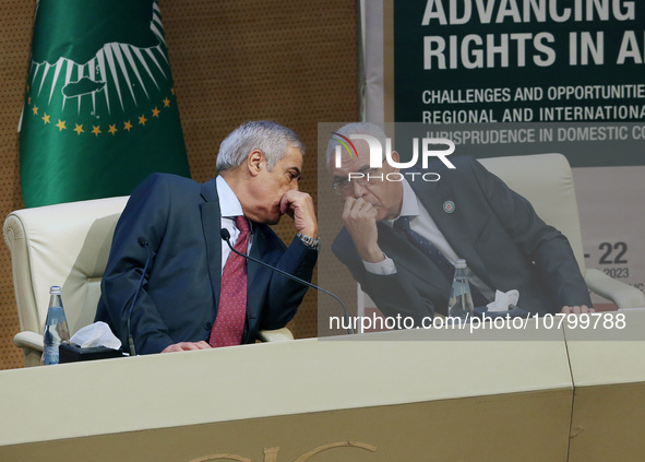 Algerine Prime Minister Nadir Larbaoui (L), Abderrachid TABI Algerian Minister of Justice (R), during the launch of the sixth African judici...