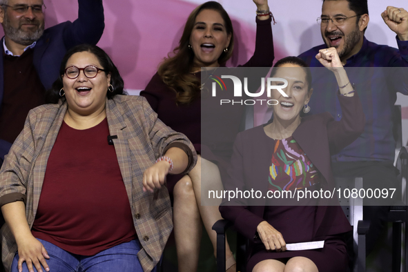 Citlali Hernandez, the General Secretary of the National Regeneration Movement party, and Claudia Sheinbaum Pardo, the sole candidate for th...