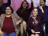 Citlali Hernandez, the General Secretary of the National Regeneration Movement party, and Claudia Sheinbaum Pardo, the sole candidate for th...