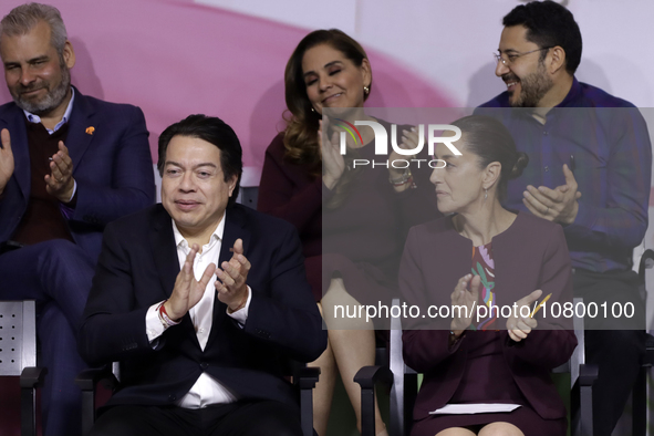 Mario Delgado Carrillo, the president of the National Regeneration Movement party, is standing with Claudia Sheinbaum Pardo, the sole candid...