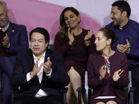 Mario Delgado Carrillo, the president of the National Regeneration Movement party, is standing with Claudia Sheinbaum Pardo, the sole candid...