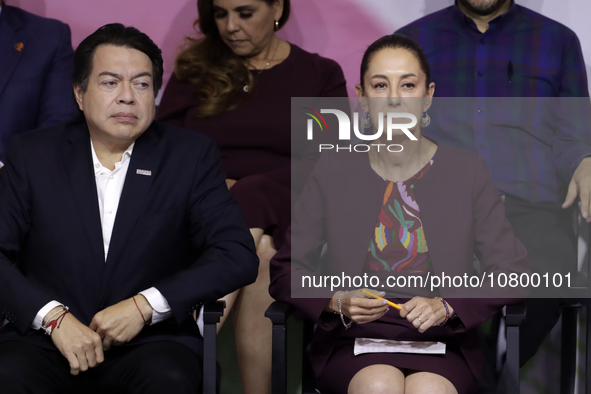 Mario Delgado Carrillo, the president of the National Regeneration Movement party, is with Claudia Sheinbaum Pardo, the sole candidate for t...