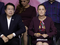 Mario Delgado Carrillo, the president of the National Regeneration Movement party, is with Claudia Sheinbaum Pardo, the sole candidate for t...