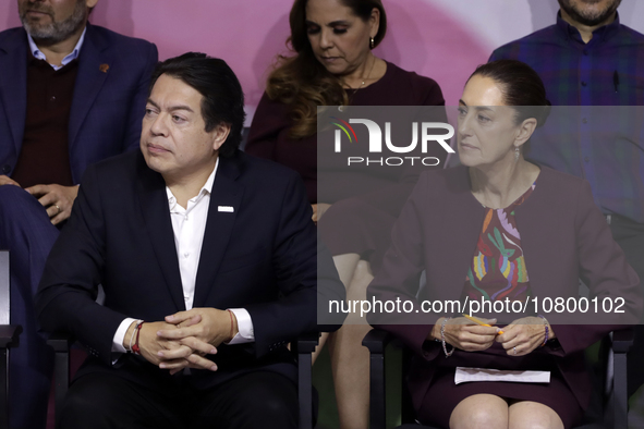 The president of the National Regeneration Movement party, Mario Delgado Carrillo with Claudia Sheinbaum Pardo, sole candidate for the presi...