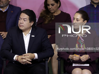 The president of the National Regeneration Movement party, Mario Delgado Carrillo with Claudia Sheinbaum Pardo, sole candidate for the presi...