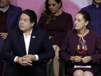 The president of the National Regeneration Movement party, Mario Delgado Carrillo with Claudia Sheinbaum Pardo, sole candidate for the presi...